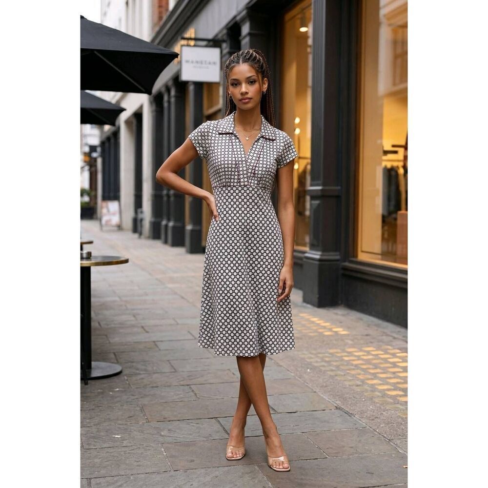 💜Wrapper Cream & Black Polka Dot Print Satin Dress Medium